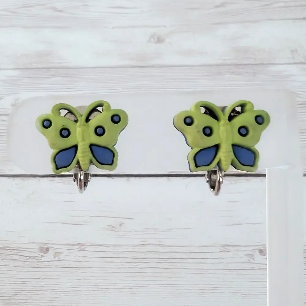 Green & Blue Butterfly Clip On Earrings